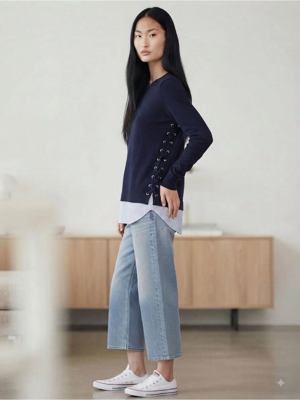 Calvin Klein Navy Crew Neck Long Sleeve Top